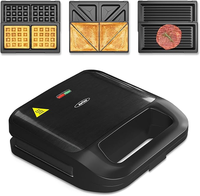 Sunvivi 3 in 1 Waffle, Grill & Sandwich Maker, Sandwich Maker Panini Press Waffle Iron Set with Removable Non-Stick Plates & Indicator Lights, Grill and Sandwich Press for Breakfast, 750W, Black