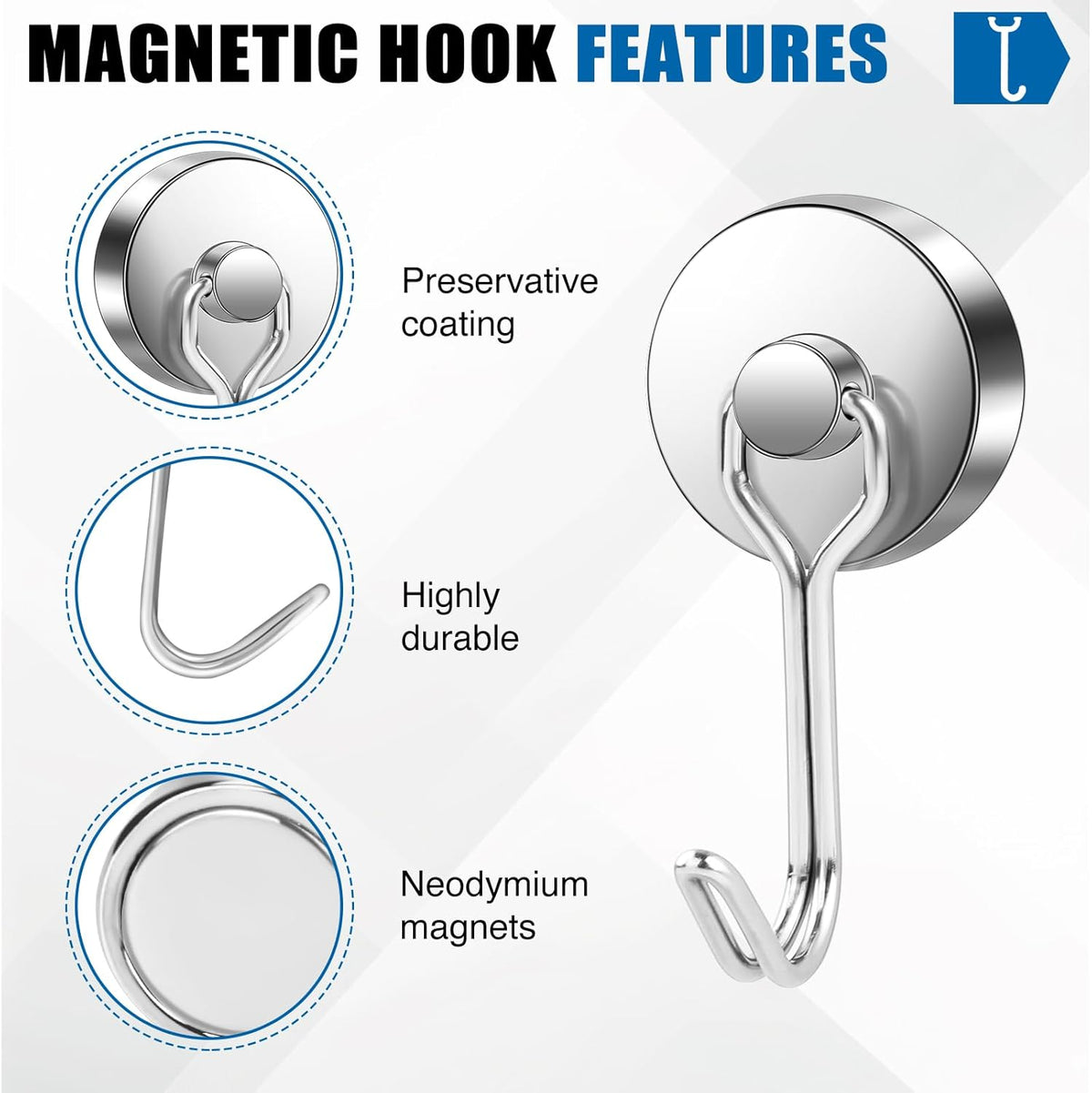 LOVIMAG Hooks, 80lbs+ Magnetic Magnet Hook 2025 Cruise Cabin Ship Essentials Heavy Duty Strong Refrigerator Fridge Hanging for Classroom Beach Vacation Kitchen Grills Home Mug Hanger (6 Pack), Silver
