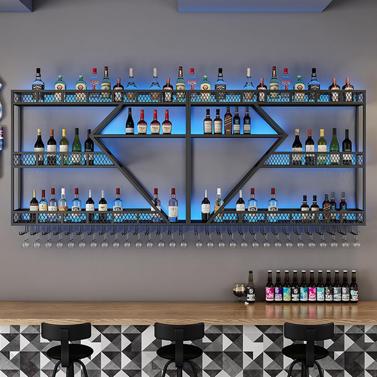 Metal Wine Rack Wall Mounted, Modern Wine Storage Rack Wall Mounted with Wine Glass Holder, Liquor Shelf, Bar Shelves for Liquor Bottles (3TIERS Black, 94.48 * 7.87 * 33.85INCH)