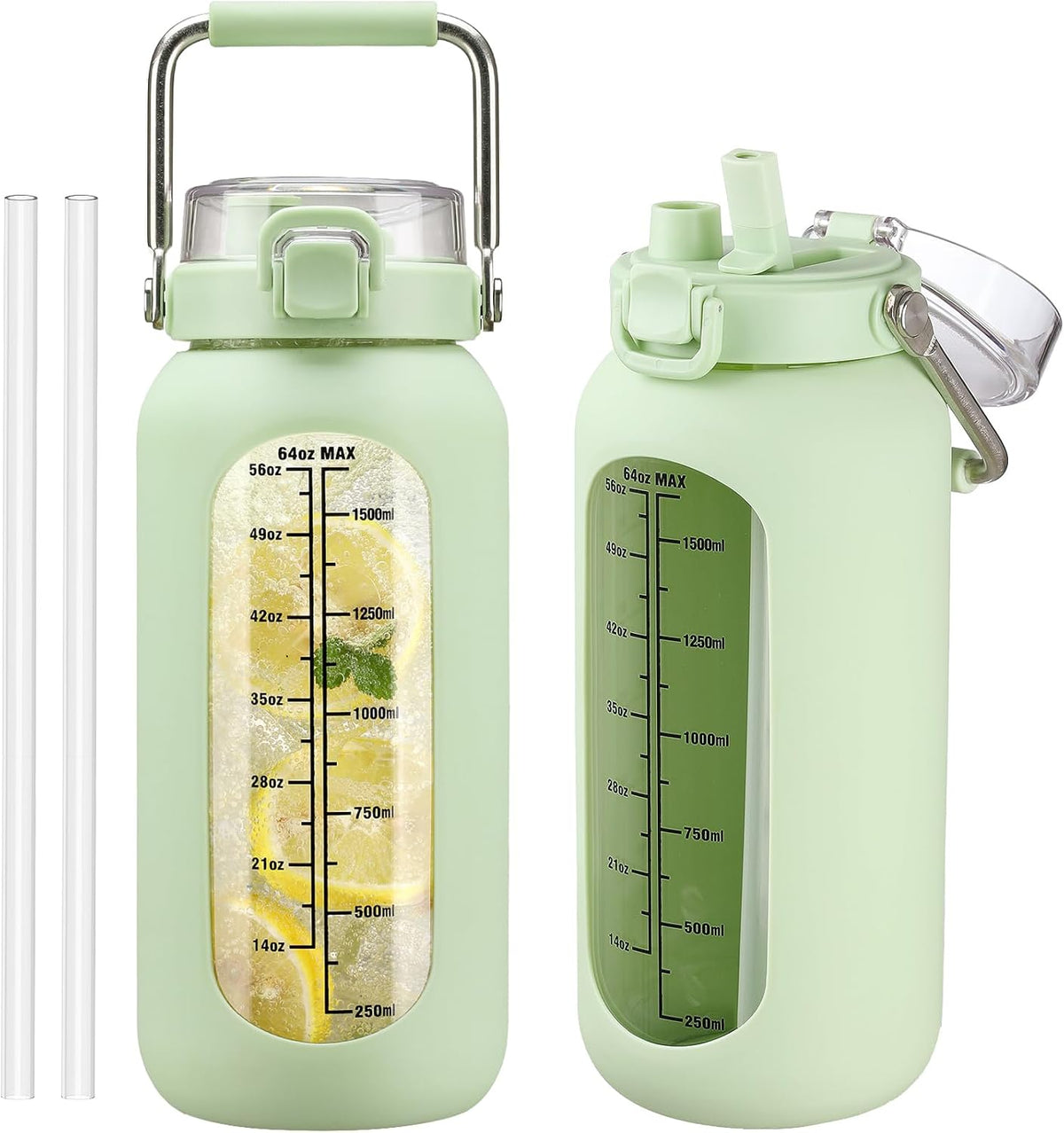 kytffu 64 oz Glass Water Bottle with Straw and Stainless Steel Handle, Half Gallon Water Bottle with Silicone Sleeve and Time Marker, 2L Large Glass Bottle for Gym, School, Travel, Leak-proof (Green)