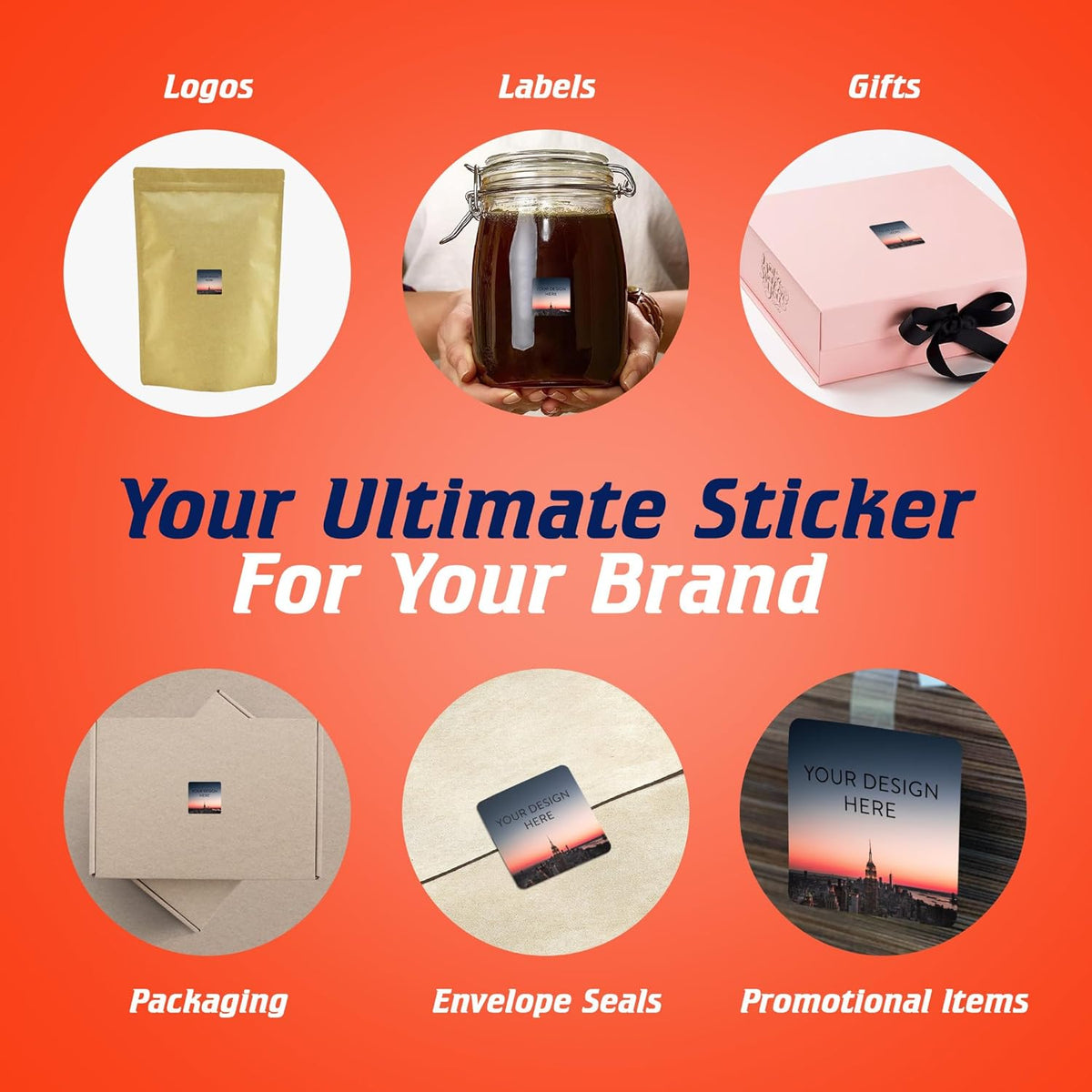 100 Custom Vinyl Stickers - Upload Your own Image, Text, Design, Logo - Personalized Logo Labels for Handmade, Packaging, Bottle, Jars, Candle, Brand Stickers (City, 1.5x1.5 Square)