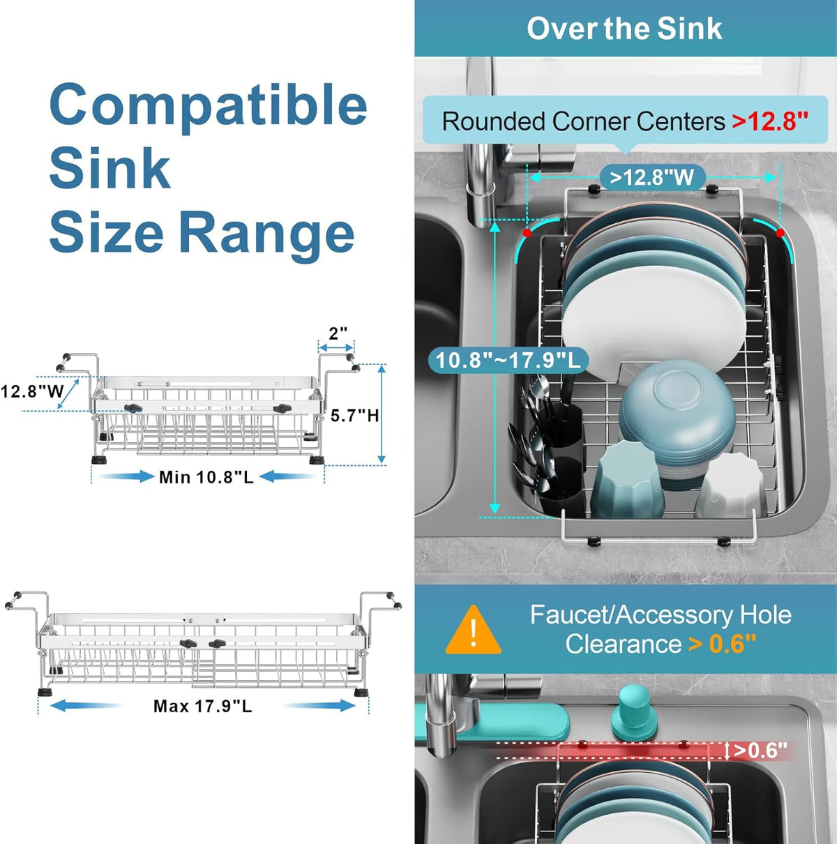 GSlife in Sink Dish Drying Rack - Stainless Steel Capacity Expandable Dish Drainer with Sink Protector, 10.8–17.9" L x 12.8" W, Silver