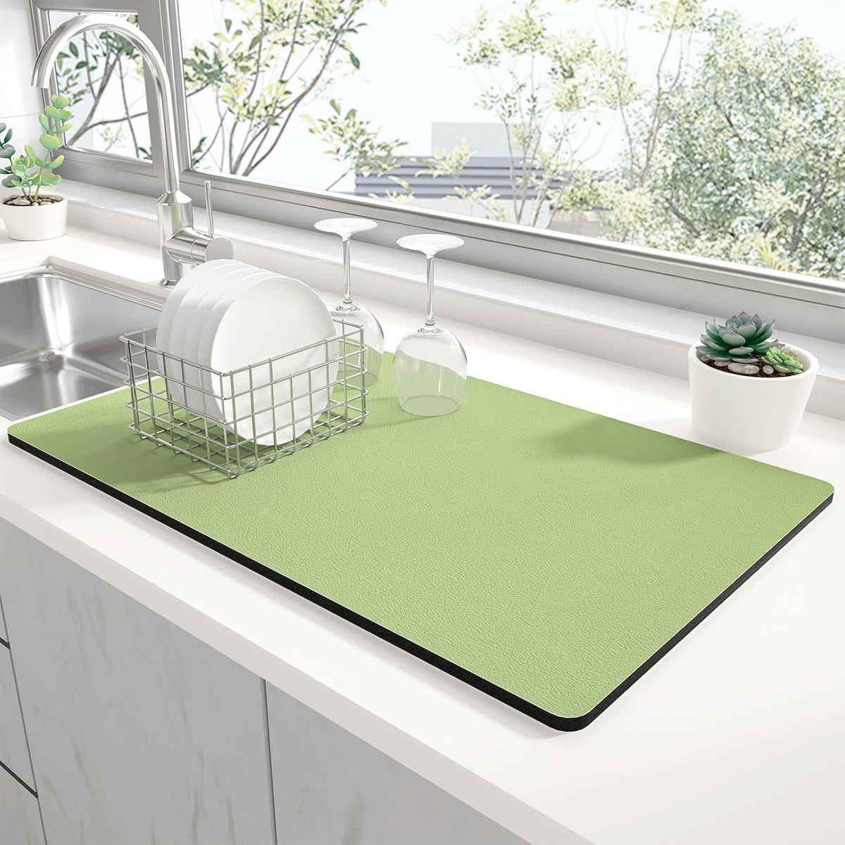 Rnivvi Dish Drying Mat for Kitchen Counter, 12 x 19" Super Absorbent Drainer Pad Easy Clean Dish Rack Pad, Non-Slip Heat Resistant Coffee Bar Mats for Coffee Machine Station Accessories Decor, Green