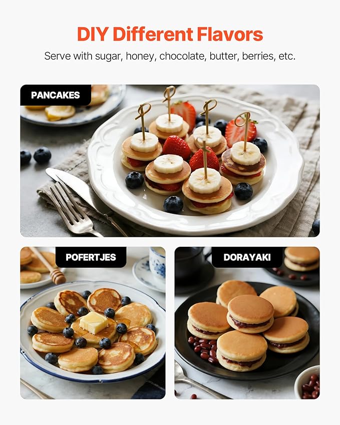 VEVOR Mini Pancake Maker, 25PCS 43mm Diameter Dutch Muffin Waffle Baker, Non-stick Stainless Steel Poffertjes Grill, Commercial Electric Dorayaki Machine, Temp & Time Control, Home Kitchen Restaurant