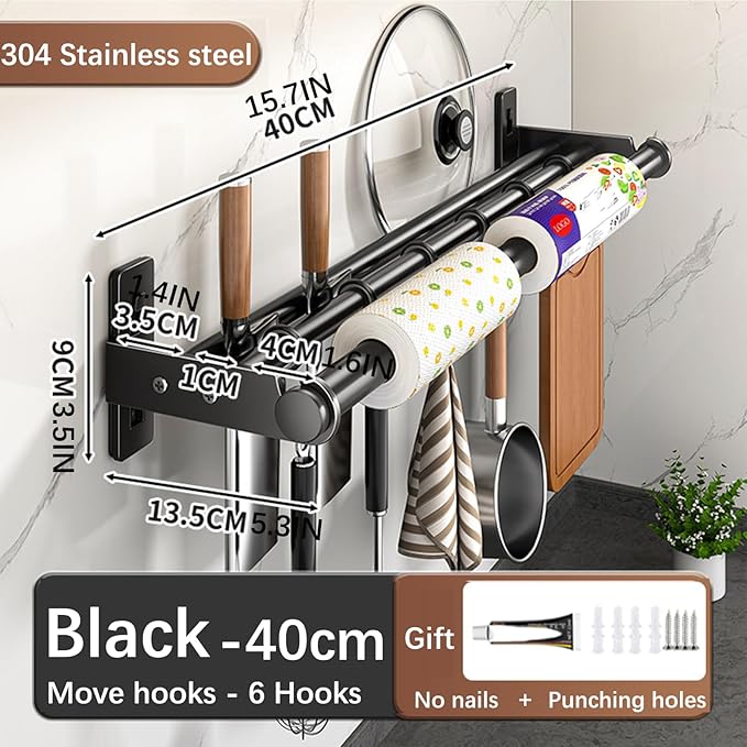 Hanging Wall Mount knife Wall Mount, Kitchen Organizer Storage Shelf for Utensils Spatula Spoon, Space-Saving Knife Rack with Hooks,Wall-Mounted Utensil Holder (Black, 40CM+Three Poles+6Hooks)
