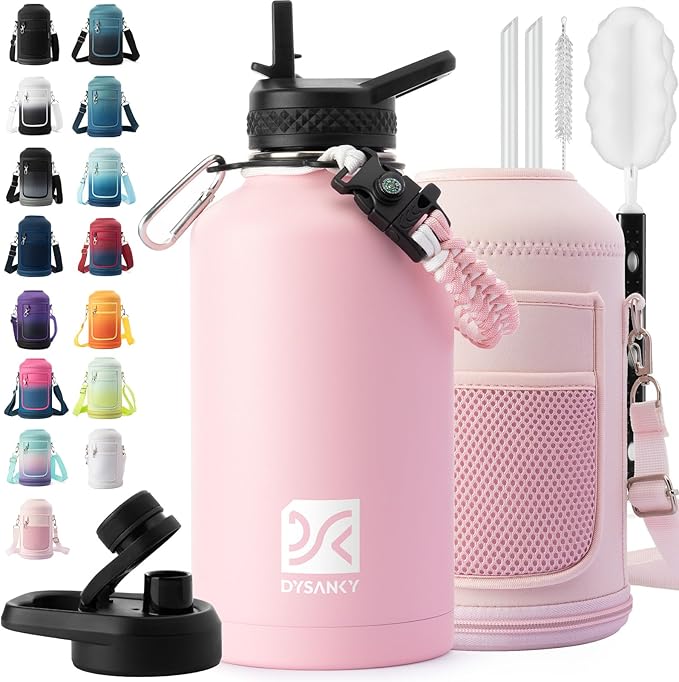 DYSANKY Insulated Water Bottle | Thickened Stainless Steel Vacuum Metal | Portable Sports Half Gallon Large Water Jug for Gym and Hiking with Straw, Carrier Bag, Handle Strap | BPA-Free 64 oz