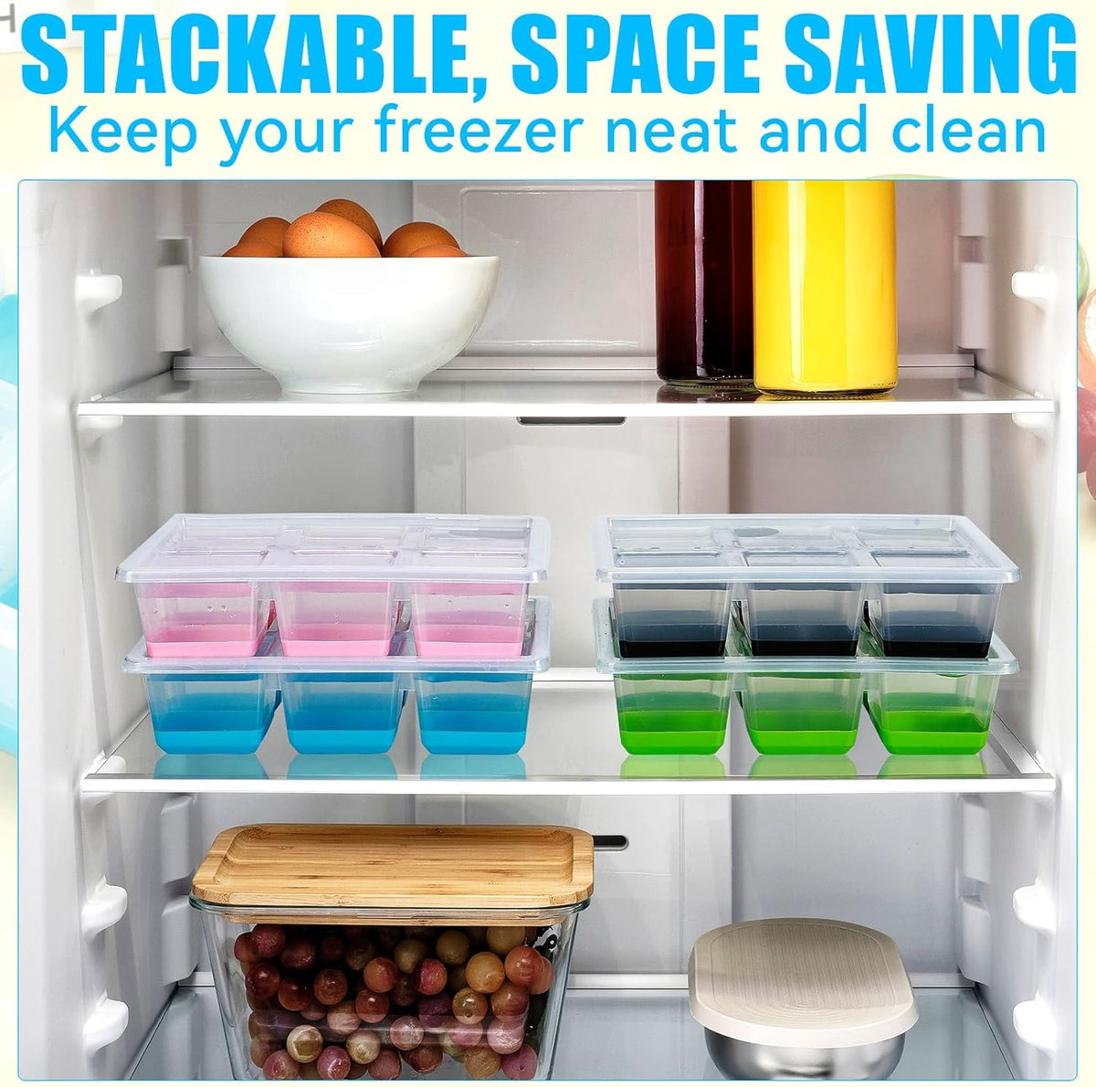 Ice Cube Trays 2 Pack, JRISBO Large Silicone Ice Cube Molds with Leak-Proof Lid, Transparent TPE Frame & Easy Release Bottom, Stackable Freezer Ice Trays for Whiskey, Cocktails, Soup, BPA Free