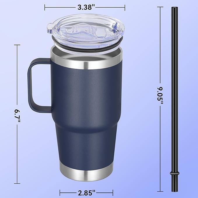 20 oz Stainless Steel Tumbler with Handle Bulk Metal Insulated Tumblers Travel Coffee Mug with Handle Double Wall Tumbler Cup with Lid and Straw, Navy 12 Pack