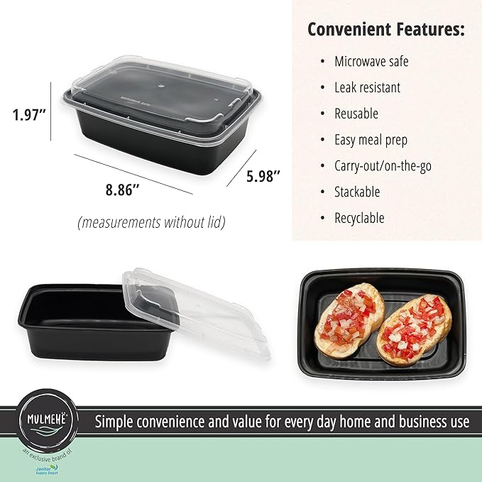 MULMEHË Plastic Food Storage Take-Out Container and Lid Combo, 38 oz, Microwaveable, Rectangular, Black, 8.5x6x2, Set of 150