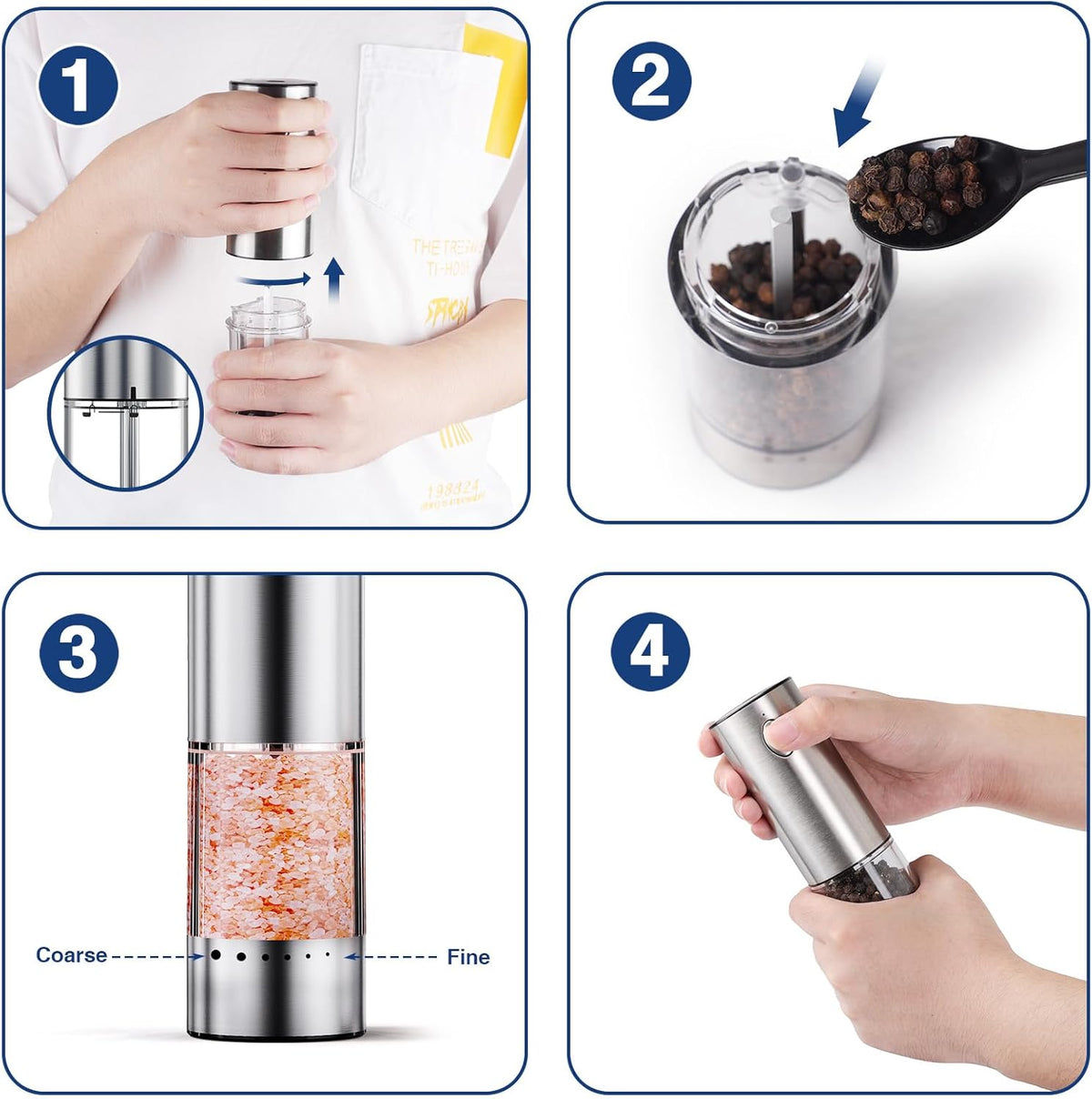 HomeHacks Upgraded Larger Capacity Electric Salt and Pepper Grinder Set, Rechargeable Type-C with LED Light, Stainless Steel Automatic & 6 Adjustable Coarseness, Ideal for Housewarming/Christmas Gifts