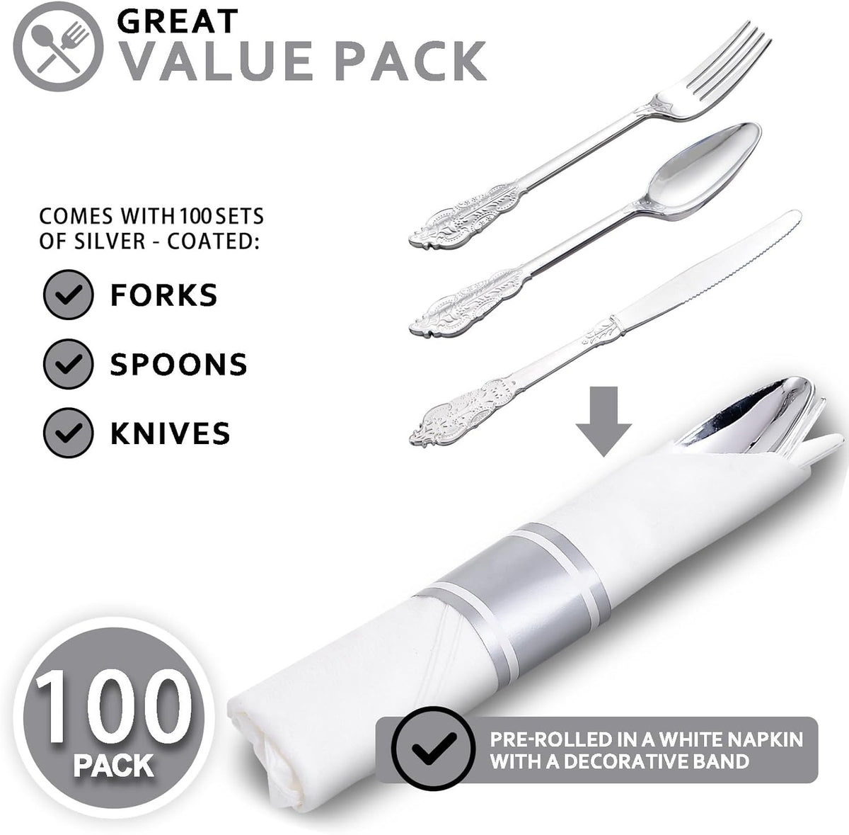 400PCS Pre Rolled Silver Plastic Silverware Sets - Heavy Duty Fancy Silver Cutlery - Include 100 Pack Wrapped Disposable Utensils with Napkins for Parties, Dinners & Weddings