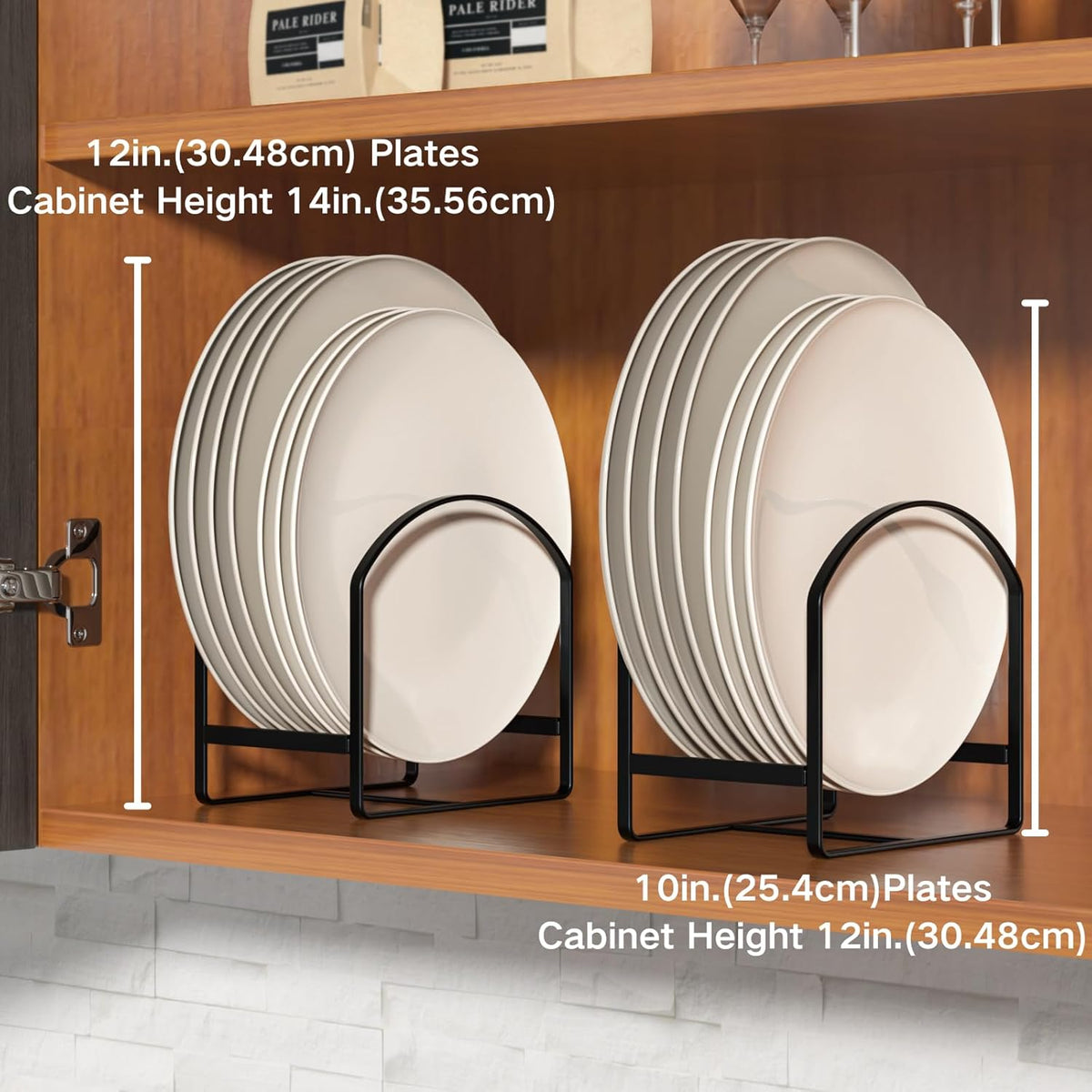 LINFIDITE 2 Pack Kitchen Plate Holder Organizer for Cabinet Space Saver Dinner Plate Storage Rack Upright Dish Drying Racks Metal Dish Stand for Cupboard Countertop Rustproof Black (1 Large 1 Small)