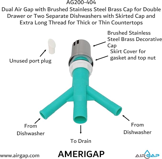 Dual Air Gap with Brushed Stainless Steel Brass Cap for Double Drawer or Two Separate Dishwashers with Skirted Cap and Extra Long Thread for Thick or Thin Countertops (AG200-404, AG200-X04, AMERIGAP)