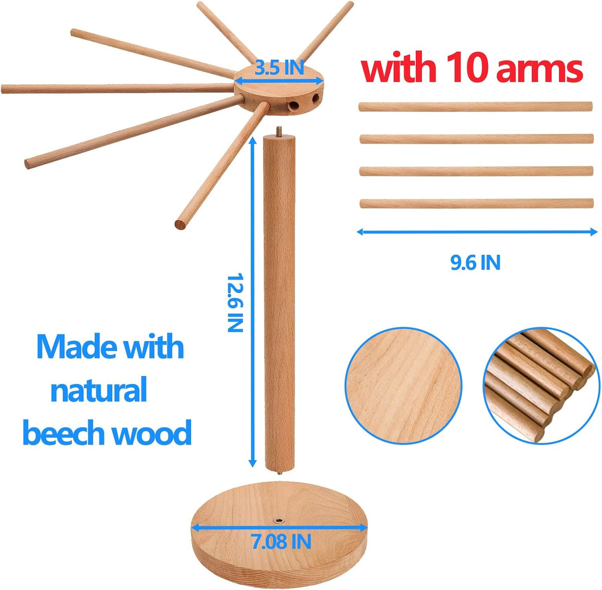Beech Wood Pasta Drying Rack, 10-Arm Large Capacity, Detachable Fresh Spaghetti Noodle Tree Hanger, Larger Drying Area for Faster Drying Pasta, Prevents from Sticking