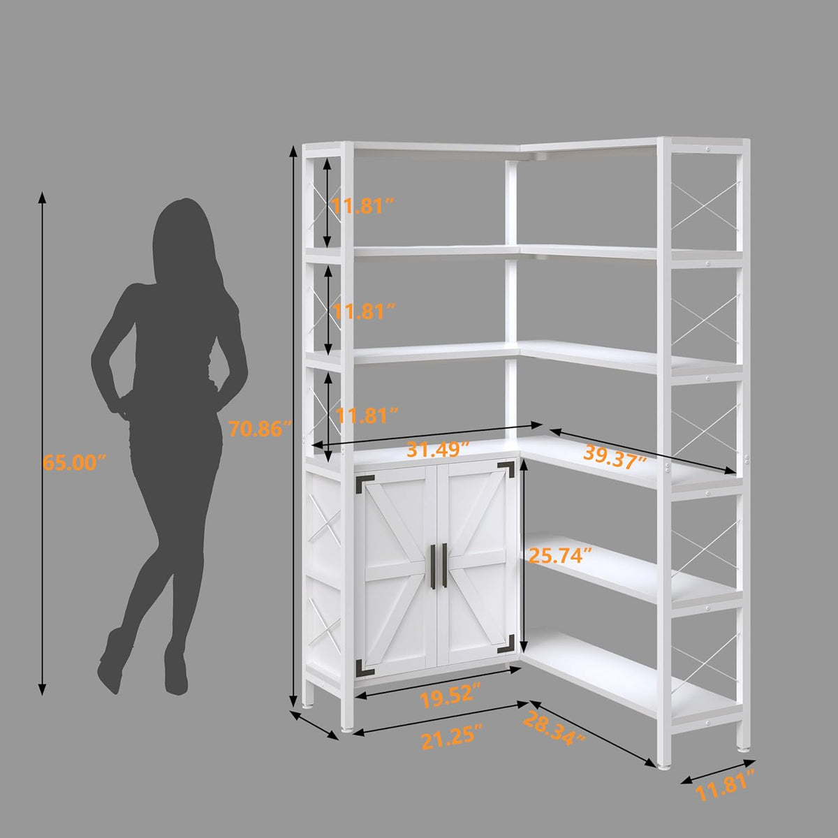 Corner Bookshelves 6 Tier, Farmhouse Wooden Bookcases for Corner, L Shaped Etagere Bookshelf with Storage for Living Room Home Office