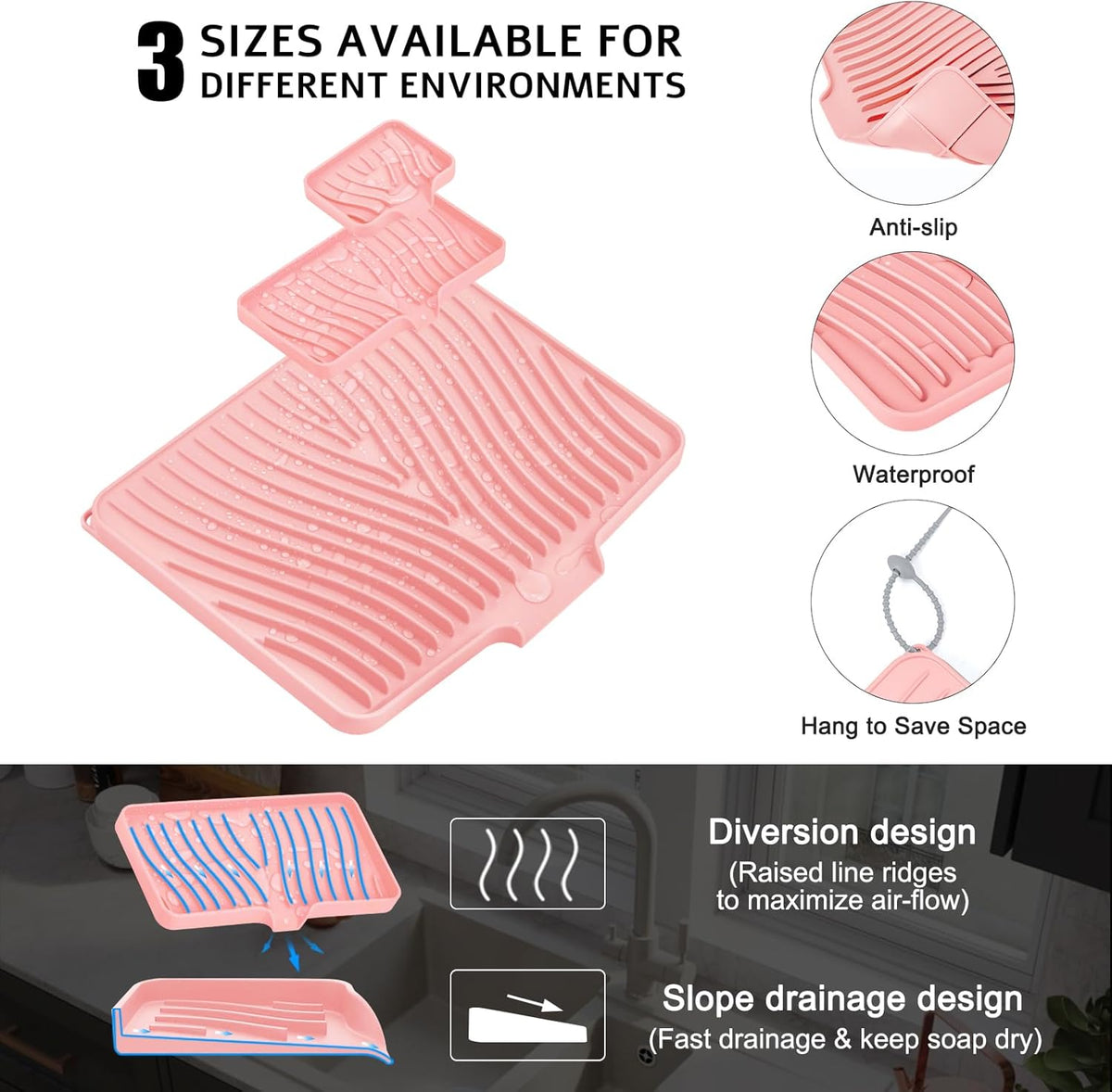 Silicone Dish Drying Mat for Kitchen Counter, Dish Drying Pad, Non-Slip Drain Pad with Built-in Drain, Heat Resistant Stone Drying Mat, 3 pcs (Pink)