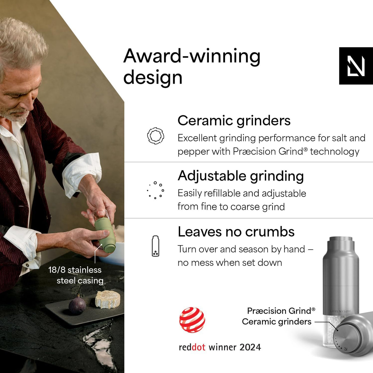 LARS NYSØM Salt and Pepper Grinder Set, Stainless Steel Manual Salt and Pepper Mills, Adjustable Ceramic Grinder, Design Spice Shakers (Stainless Steel)