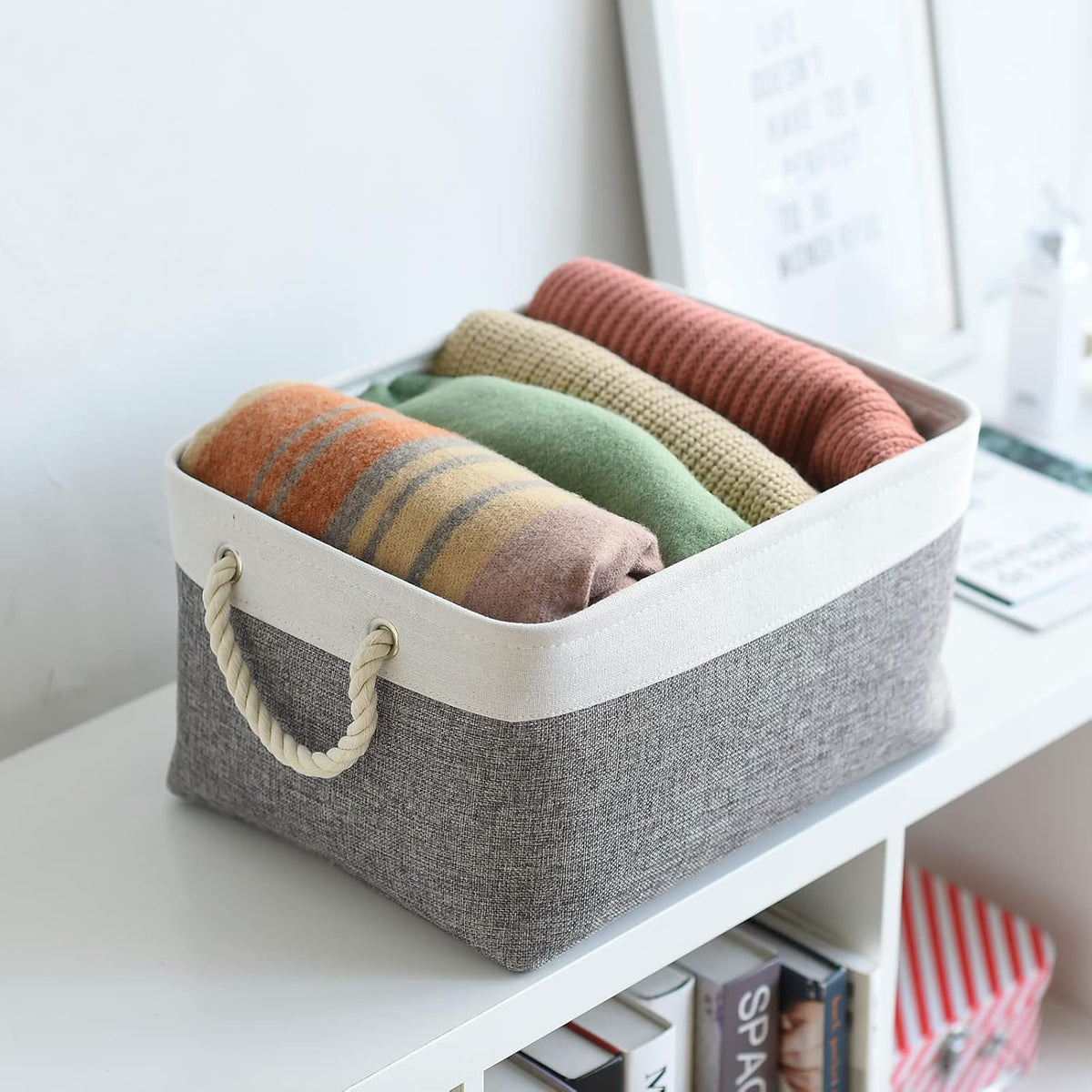 Large Storage Baskets for Shelves, Fabric Baskets for Organizing, Collapsible Storage Bins for Closet, Nursery, Clothes, Toys, Home & Office [3-Pack, White&Grey]