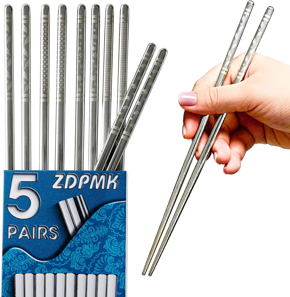 Metal Chopsticks Reusable 5 Pairs Stainless Steel Chopsticks Japanese Chinese Korean Metal Chop Sticks Dishwasher Safe Non Slip Cute Laser Engraved 9.25 Inch for Cooking Eating Gift Set