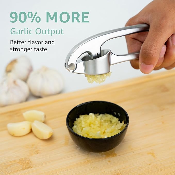 GD Garlic Press Crusher Mincer Tool - Dishwasher Safe & Rust Proof, Easy-Squeeze Garlic Smasher with Ergonomic Handle, Includes Silicone Garlic Peeler & Brush (Silver)