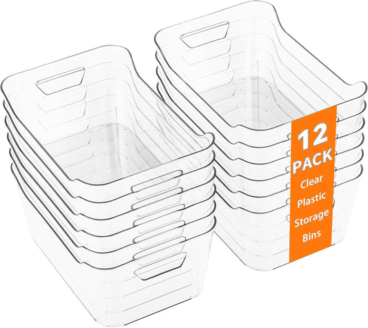 12 Pack Clear Plastic Storage Bins, Pantry Organizers and Storage, Clear Pantry Organizer Bins, Plastic Containers with Handle for Kitchen,Freezer,Cabinet,Closet,Bathroom Under Sink Storage