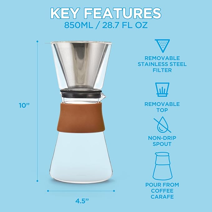 GROSCHE Amsterdam Glass Pour Over Coffee Maker - Single Cup Manual Dripper Brewer w/Removable Glass Top & Permanent Stainless Steel Filter - 27.6 fl oz - Ideal for Home, Camping, & On-the-Go Brewing