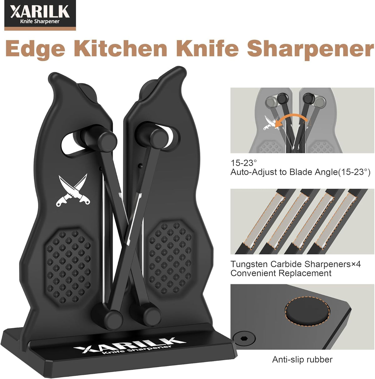 Edge Kitchen Knife Sharpener – Pull-Through Manual Sharpener with Spring Arms – Tungsten Carbide, Self-Adjusting Angle, Fast Edge Repair for Kitchen, Outdoor, and EDC Knives (Black)