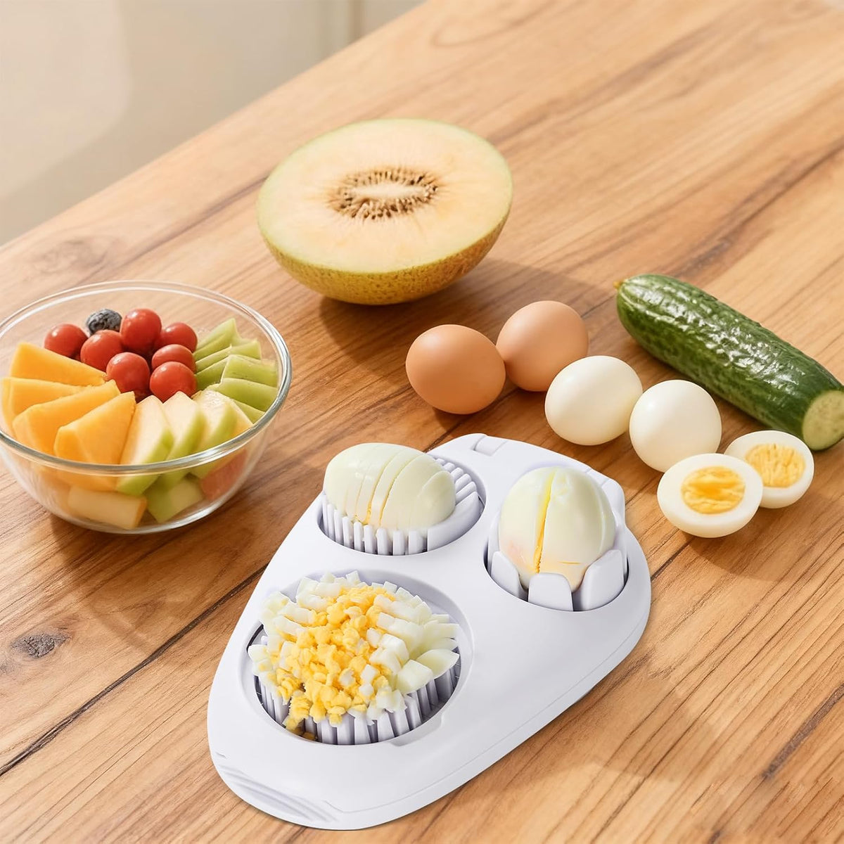 3-In-1egg Slicer For Hard Boiled Eggs,Stainless Heavy Duty Steel Egg Slicer Kitchen Gadget, Fit Strawberry,Apple,Banana,Cherry,Tomato,White