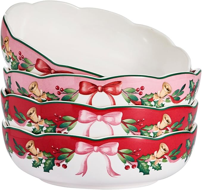 Bico Ribbon Christmas Scalloped Pasta Bowls, 36oz Salad Bowl Set of 4, Large Ceramic Serving Dinner Bowls for Soup and Cereal, Microwave and Dishwasher Safe, Gift for Housewarming and Holiday