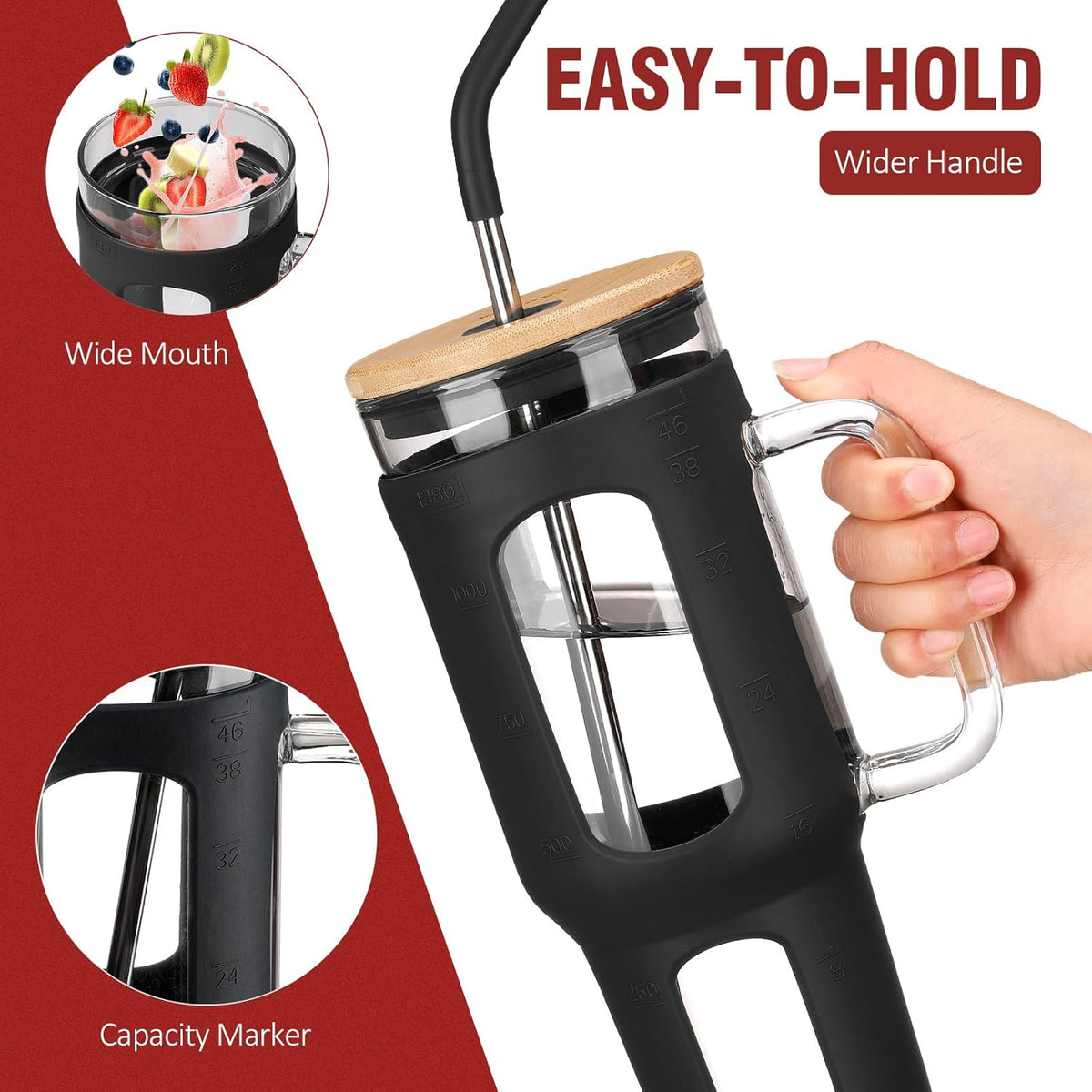 Glass Tumbler with Lid and Straw, 46 oz Iced Coffee Cup with Handle, Large Water Bottles with Silicone Sleeve, Glass Cup with Straws - Pearl Straw & Drinking Straw BPA Free-Black