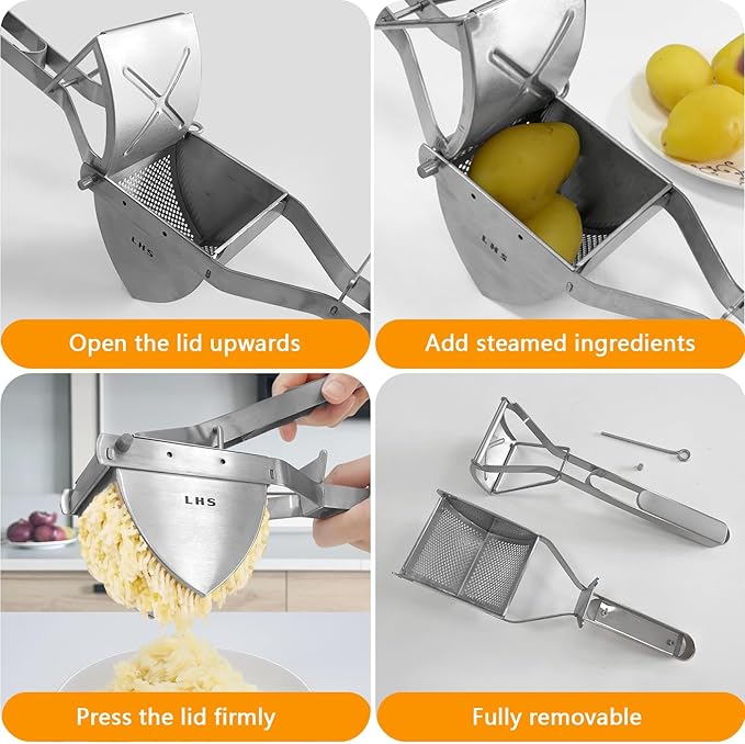 LHS Stainless Steel Potato Ricer and Masher, Heavy Duty Commercial Food Masher, Ergonomic Comfort Grip, Extra Large Capacity, Dishwasher Safe (Grey)