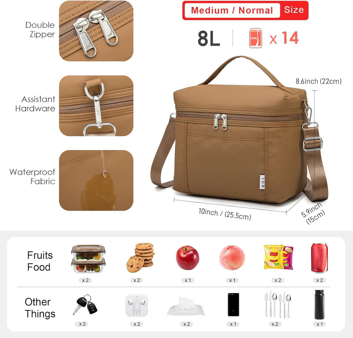 NOL Natural Organic Lifestyle Insulated Lunch Bags for Women Cooler Bag Lightweight Nylon Waterproof Lunch Box For Work (Medium(normal),Brown
