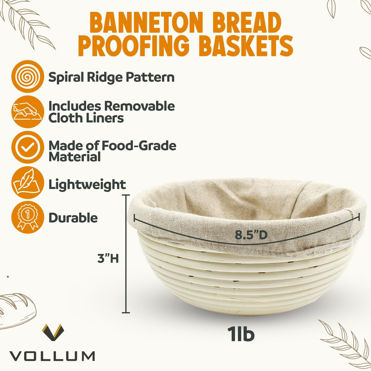 Banneton Bread Proofing Basket sourdough proofing basket for Beginners & Professional Bakers, Handwoven Rattan Cane Bread Maker with Linen for Artisan Breads, 8.5 x 3 In, 1-Pound Round Brotform