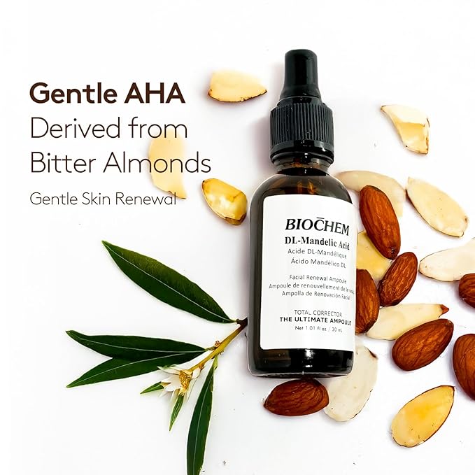 BIOCHEM DL-Mandelic Acid 10% Facial Renewal Ampoule - Gentle AHA Exfoliation Treatment for Discoloration, Dullness, Uneven Skin Tone, Wrinkles, and Fine Lines for All Skin Types - 1.01 Fl. Oz. / 30 mL