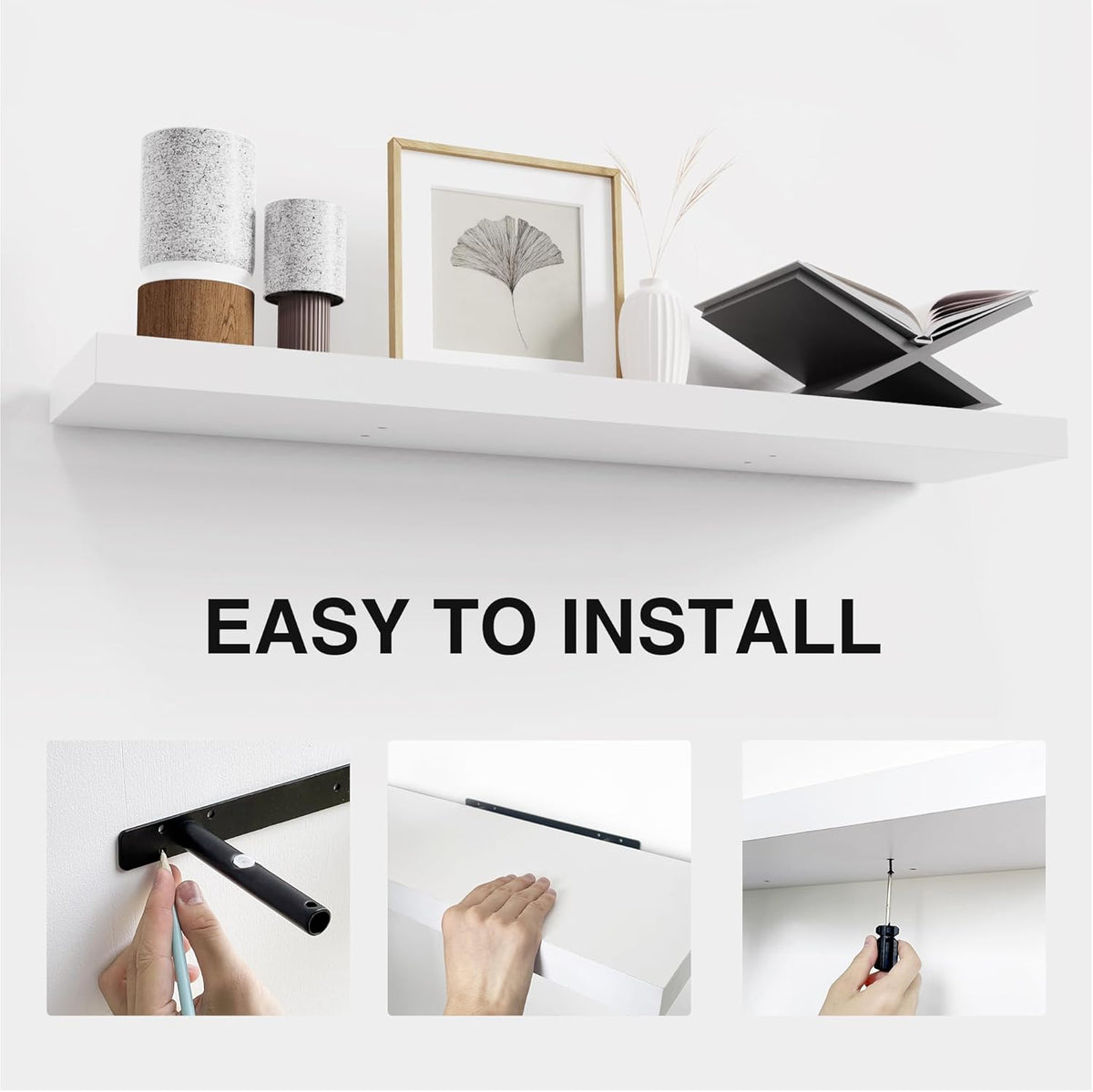 Colima Floating Shelves for Wall White Wood Shelf for Bedroom, 36 Inch Wall Mounted Floating Shelves for Bathroom Living Room Kitchen Office, 1.3" Thick Floating Book Shelves for Wall, Set of 3