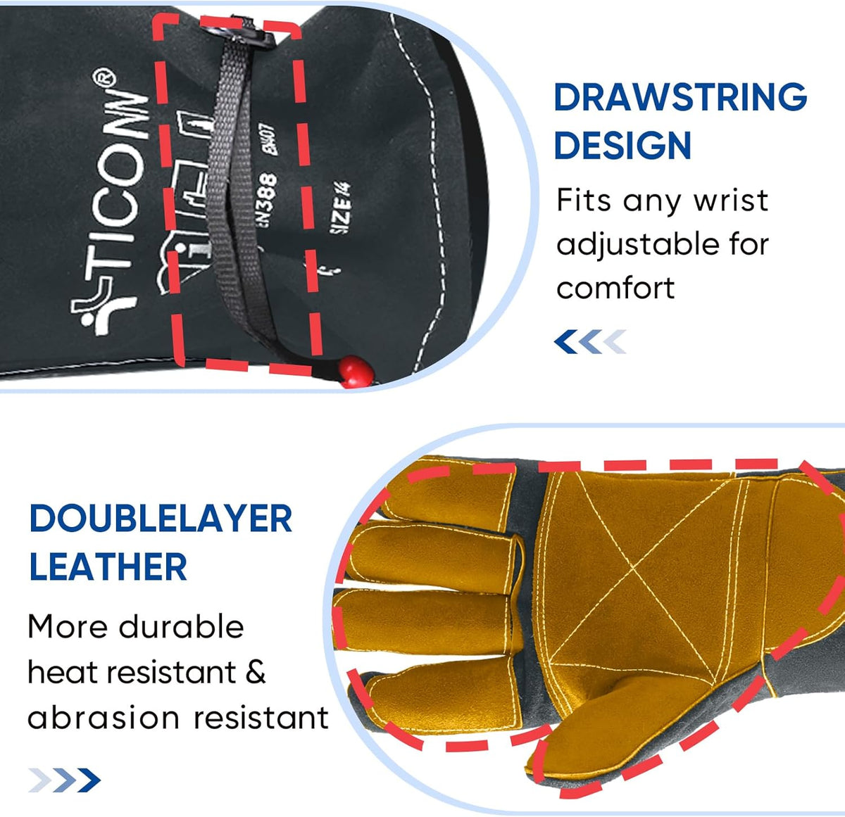 TICONN Welding Gloves, 16 IN L/XL/XXL 1000°F Heat-Resistant Fireproof Leather Gloves for Welders, Stick, Forge, Mig, Tig, BBQ