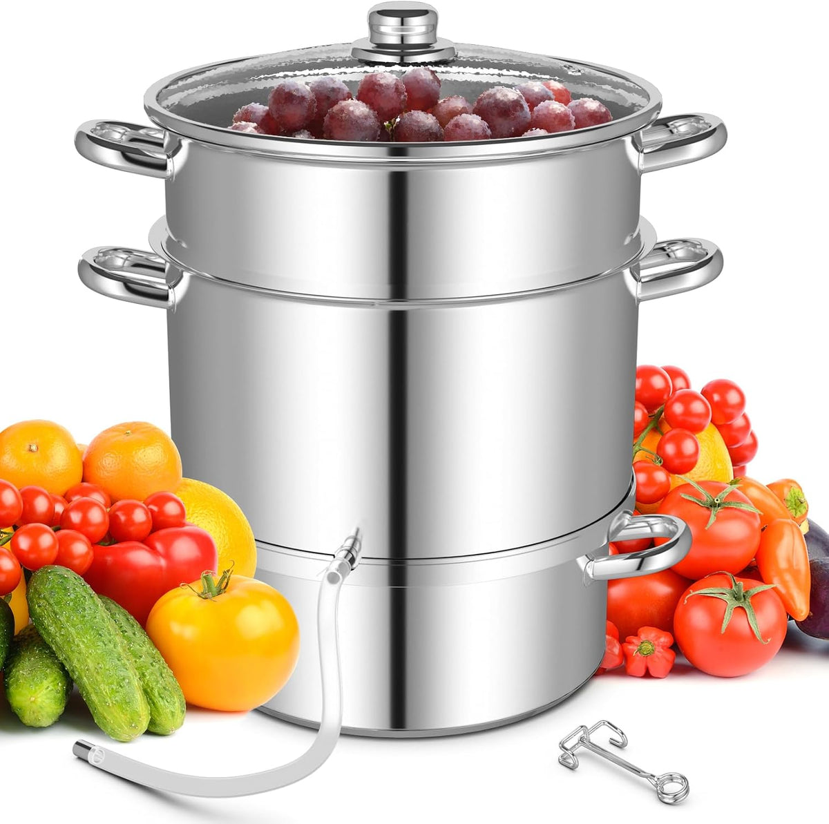 Giantex 11 Quart Juice Steamer Fruit Vegetables Juicer Steamers w/Tempered Glass Lid, Hose, Clamp, Loop Handles Stainless Steel Steam Juicer Multipots Kitchen Cookware for Making Juice, Jelly, Pasta