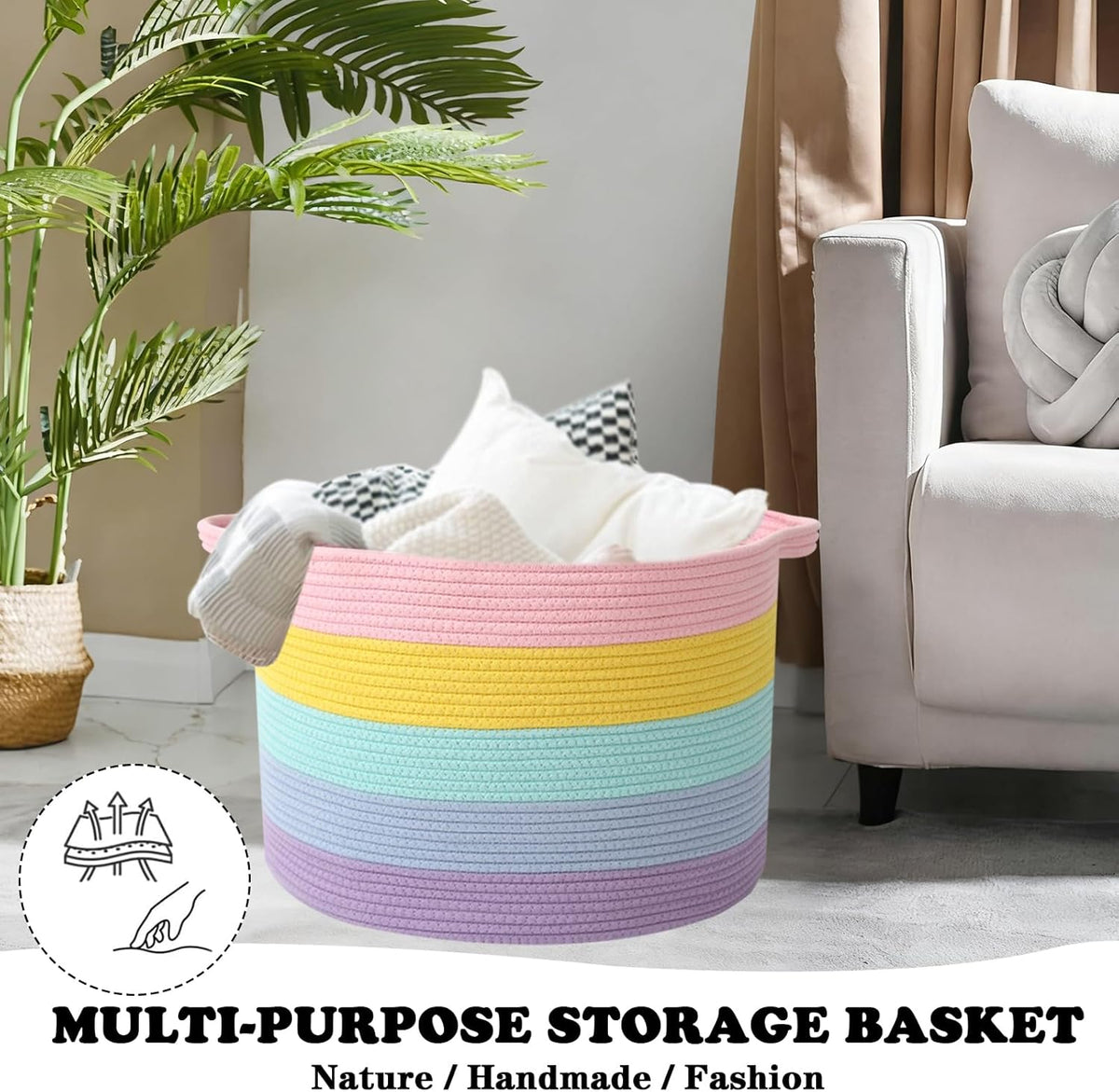 Large Blanket Basket for Organizing,115L Closet Organizers and Storage Bins Box for Shelves Woven Rope Storage Baskets,Living Room,Bedroom,Dorm,Laundry room (Colorful)
