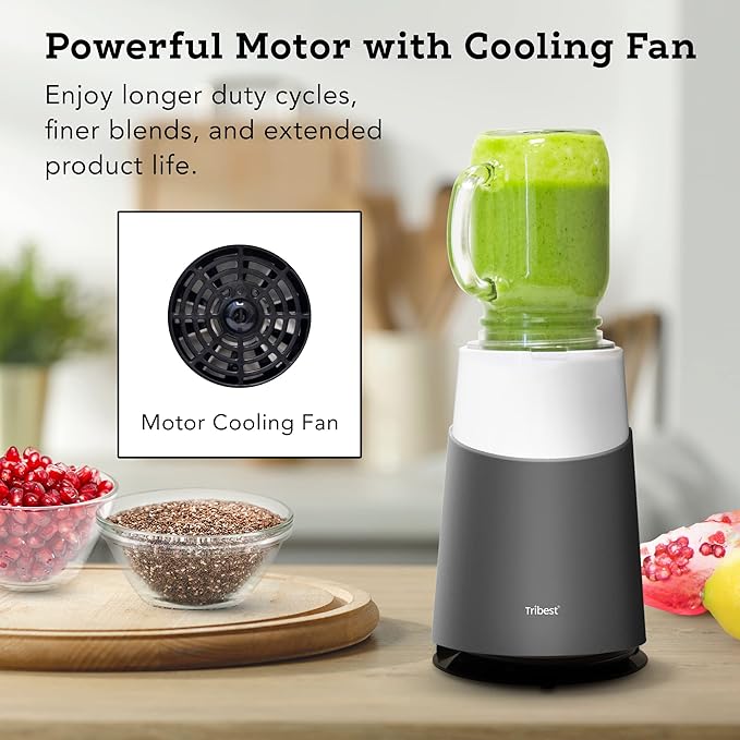 Tribest PB-430GY-A Personal Blender II, Mason Jar Ready Personal Blender with Mason Jar Mug, Gray