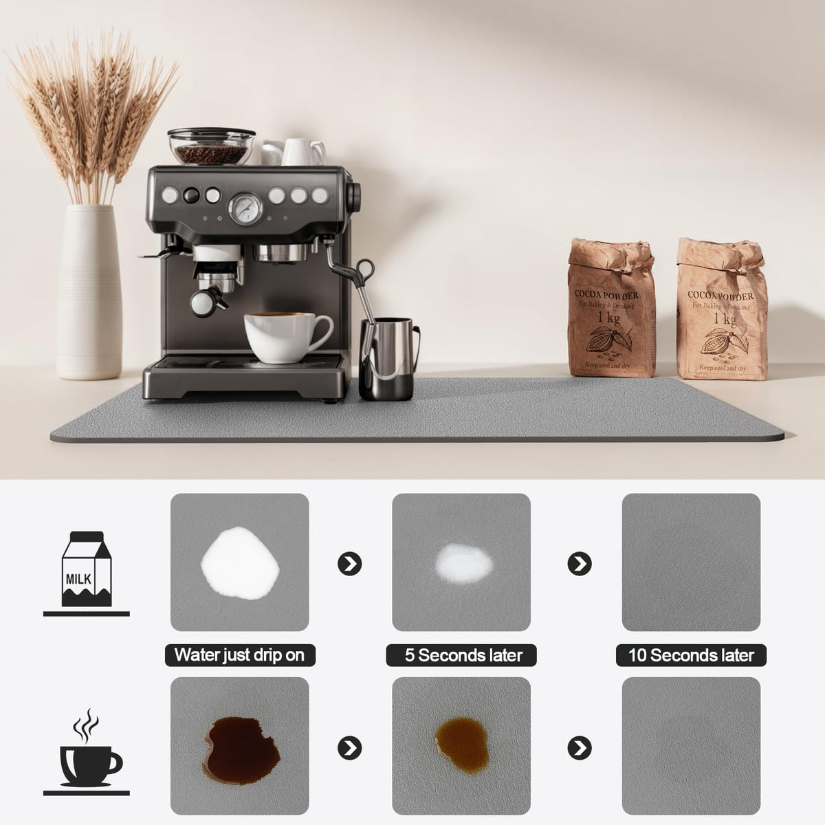 Dish Drying Mat for Kitchen Counter | Coffee Bar Mat for Countertops | Heat Resistant Drainer Mat with Non-slip Rubber Backed | Hide Stain Kitchen Absorbent Draining Mat | Grey 18"x32"