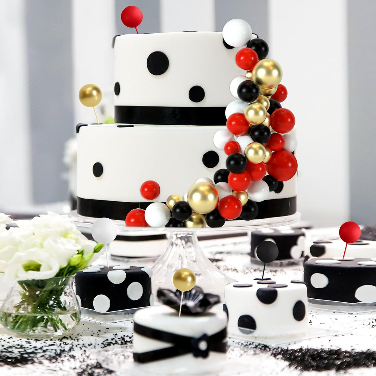 48 Pcs Balls Cake Topper Decorations Balloon Cupcake Toppers Foam Cake Topper Balls Cake Balls Decorations for Birthday Party Wedding Cake Decorating (Black, Red, White, Gold)