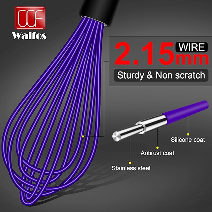 Walfos Silicone Whisks Set, 5pcs Whisk, Non Scratch Coated 7+9+11in Whisks and Mini stainless steel 7+5in Whisk, Suitable for Use in Whisking, Blending, Frothing, Beating & Stirring. (Multicolor)