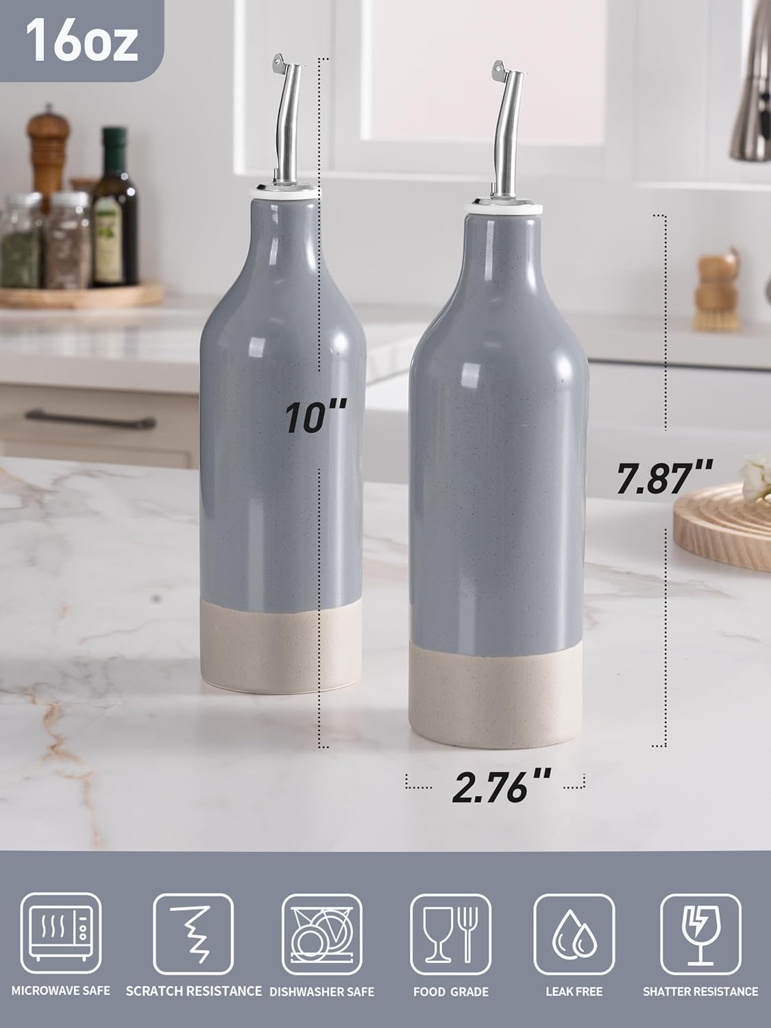 famiware Milkyway 16oz Ceramic Olive Oil Dispenser Bottle, Olive Oil and Vinegar Dispenser Bottle Set of 2 with Stainless Steel Pourers, Suitable for Storage Vinegar, Liquids, Dark Gray