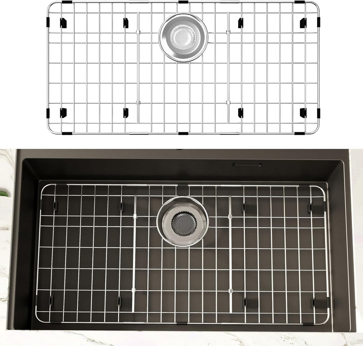 27.5’’ x 13.5’’ Stainless Steel Sink Protector, Sink Protectors for Kitchen Sink, Sink Grid, Sink Grate for Bottom with Rear Drain, Metal Sink Rack for Bottom of Sink with Corner Radius