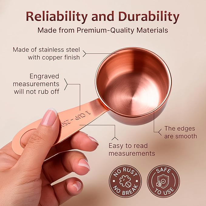 Measuring Cups and Spoons Set of 9, Utensils for Dry and Liquid Ingredients, Copper Kitchen Accessories, Rose Copper Decor for Home, Stackable, Sturdy Stainless Steel
