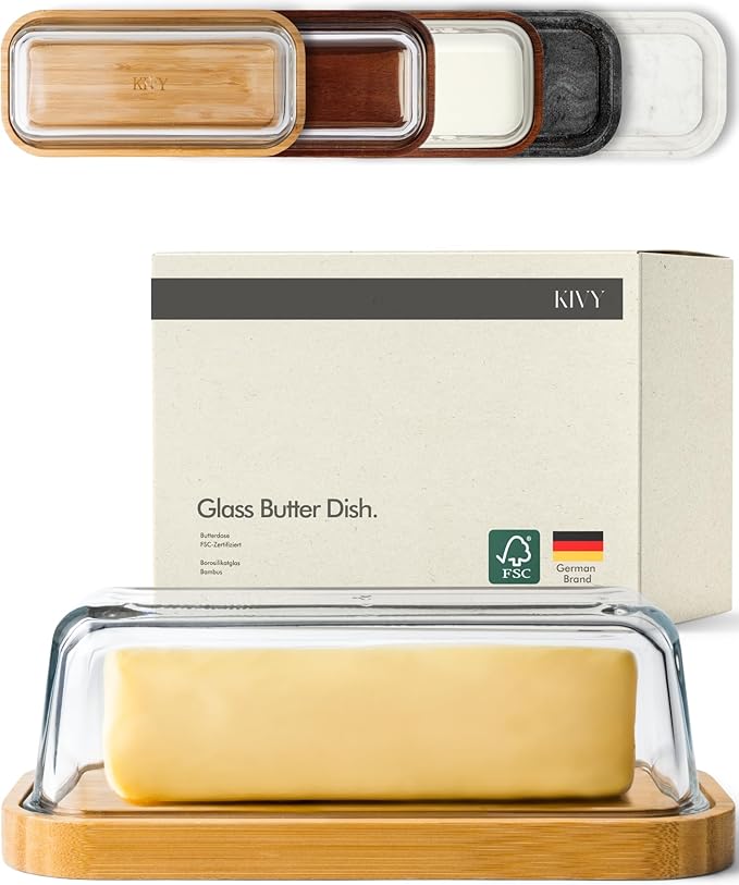 KIVY Glass butter dish with airtight lid that keeps butter soft - For countertop and refrigerator door shelf - Butter tray with lid fridge - Butter holder for counter - Covered butter dishes