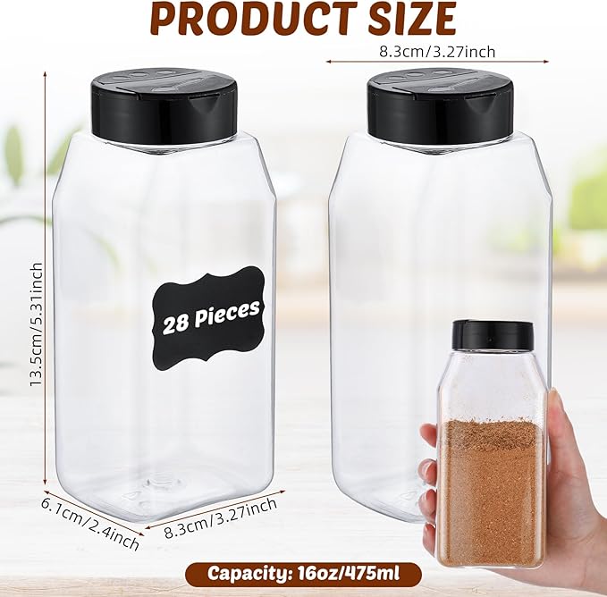 Mifoci 28 Pack 16 oz Plastic Spice Jars with Cap Square Plastic Bottle Containers with Shaker Lids and Stickers Large Seasoning Shaker Empty Powder Storage Container for Storing Salt Herbs (Black)