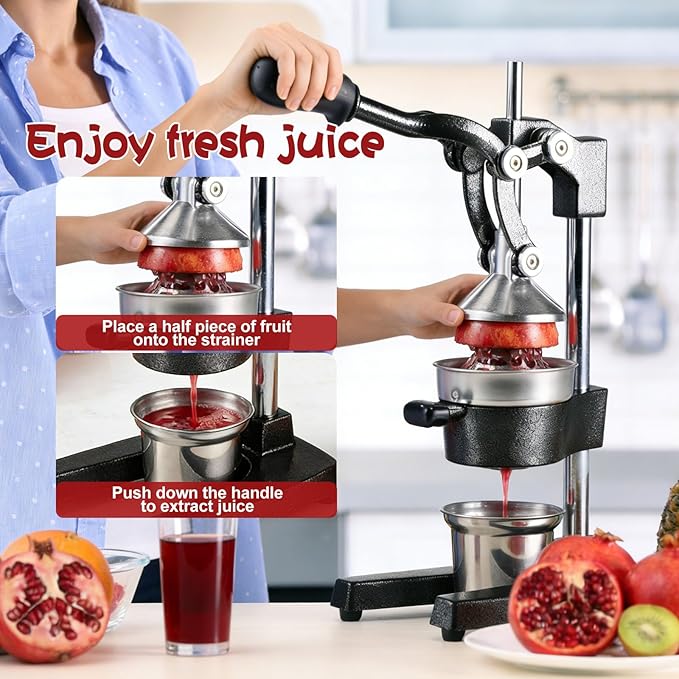 Cast Iron Juicer Hand Press - 13.8LB Heavy Duty Manual Citrus Orange Squeezer, 304 Stainless Steel Cup & Strainer, Professional Lemon Grapefruit Pomegranate Press for Home Bar Kitchen, Black