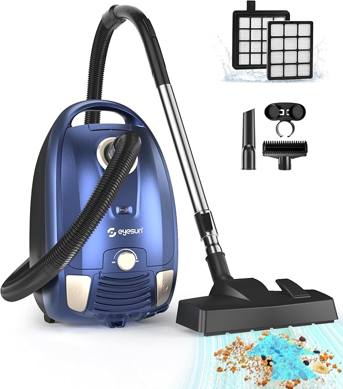 Bagged Canister Vacuum Cleaner,1400W Powerful High-Suction Bagged Canister Vac with 3.7QT Dust Bags,Pop-N-Go Brush,HEPA Filter,Dual Motors&4 Cleaning Tools,Perfect for Low-Pile Carpets&Hard Floors