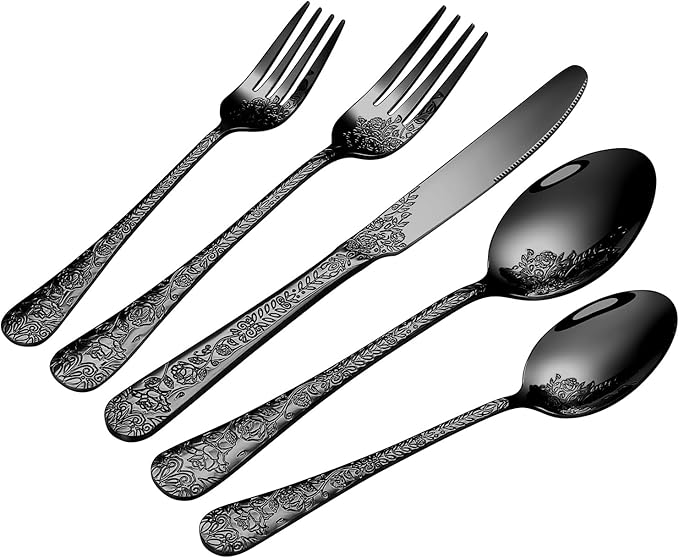 Floral 40 Pcs Black Silverware Set for 8, Food Grade Stainless Steel Flatware Set with Rose Flower Embossed Design, Eating Utensils Sets Include Fork/Knife/Spoon, Reusable Cutlery Set, Dishwasher Safe